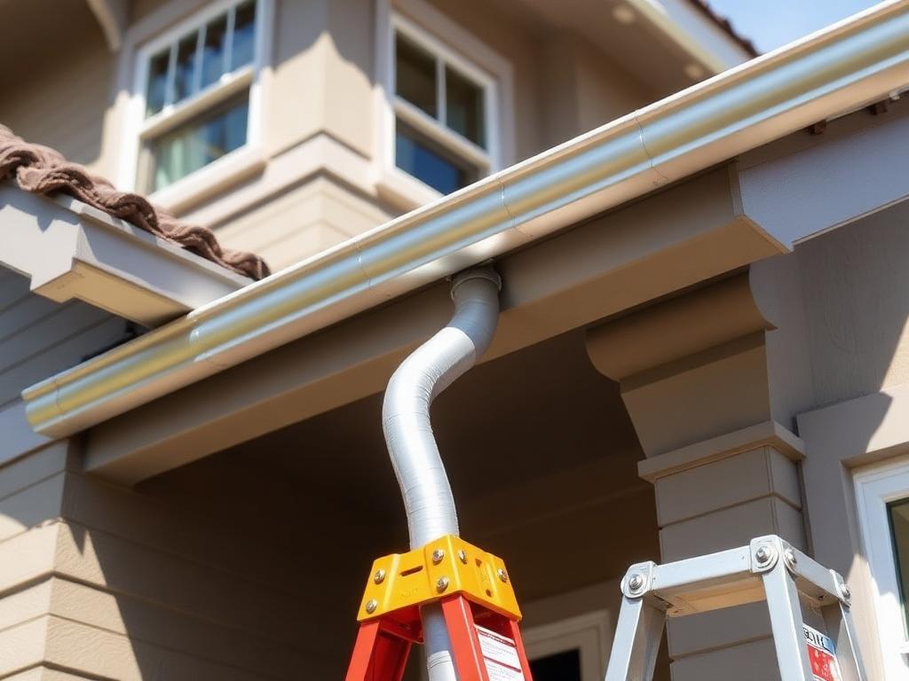 Seamless silver aluminum gutter being installed along the fascia of a Los Angeles home